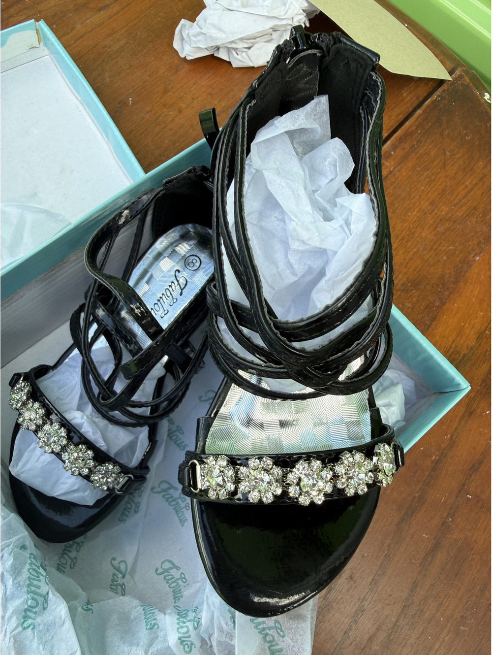 Fabulous Girls Black Patent Leather Strappy Sandals with Rhinestone strap heels